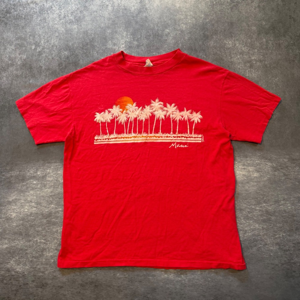 Vintage 80s Hanes Beefy T Maui Hawaii T Shirt Men XL Single Stitch Palm Tree Red